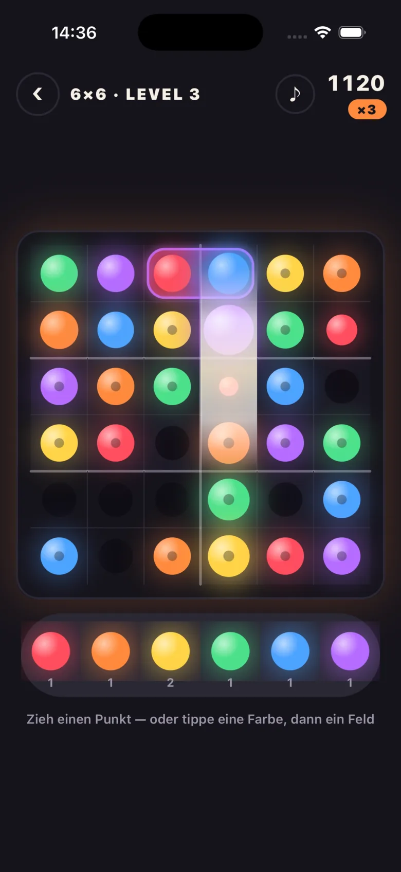 Ein halb gefülltes 6×6-Raster von Coloroku, eine Combo lässt eine Spalte aufleuchten.