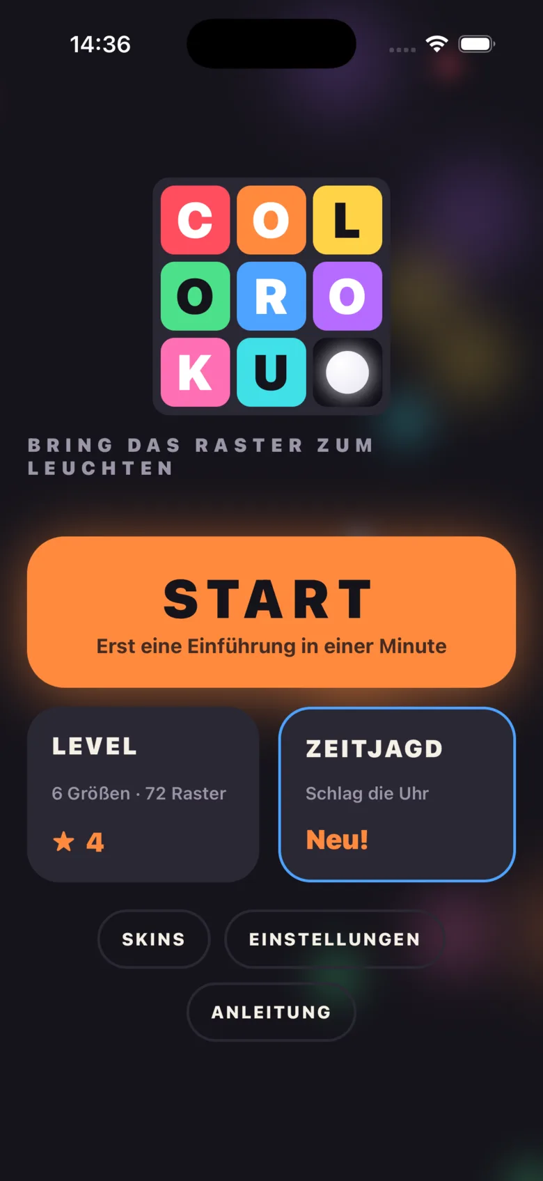 Der Startbildschirm von Coloroku mit Logo, Start-Taste, Level und Zeitjagd.