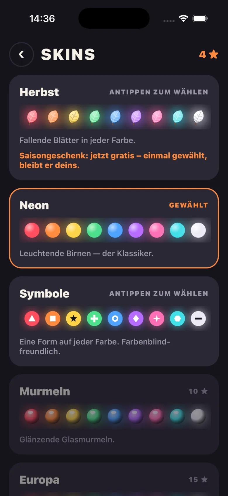 Der Skin-Bildschirm mit Herbst, Neon und Symbole.