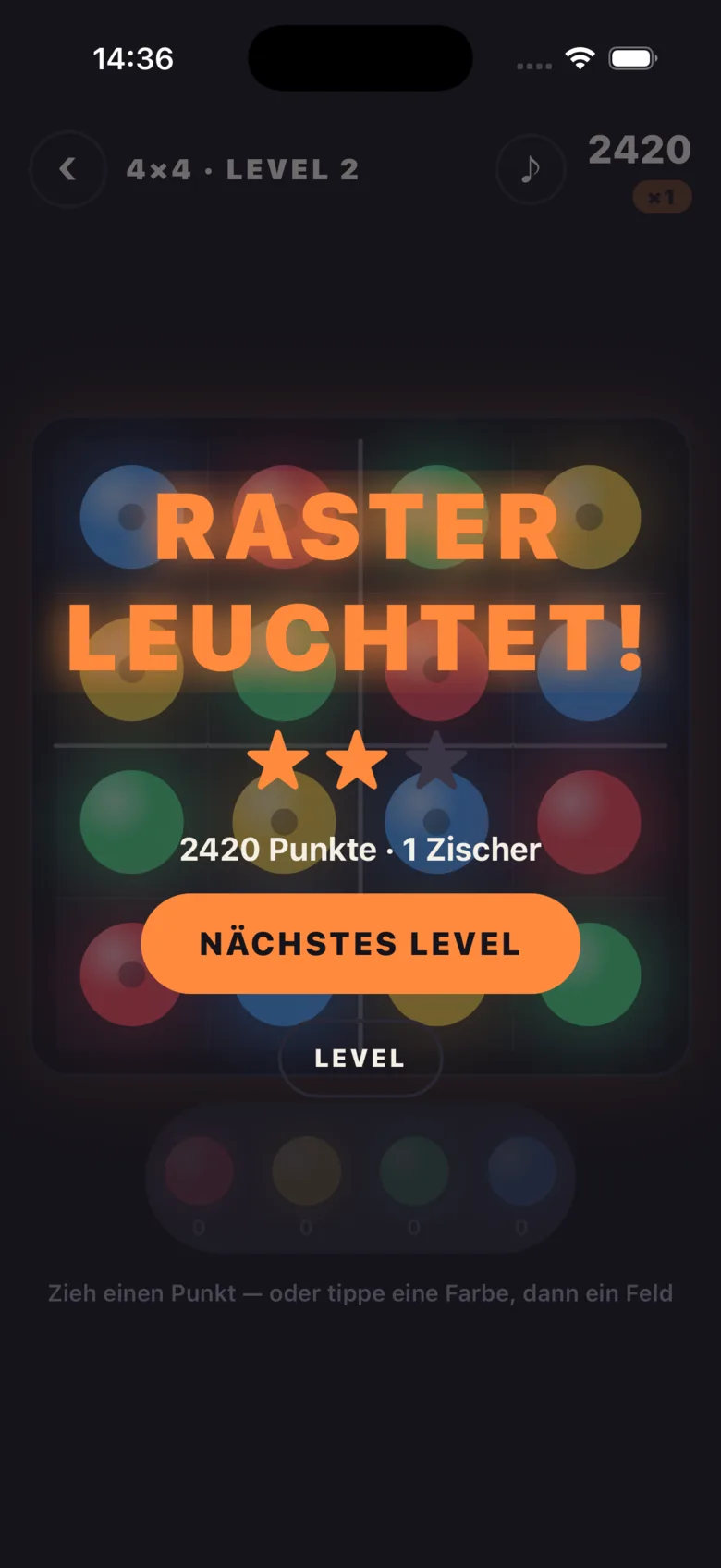 Raster leuchtet: zwei Sterne und 2420 Punkte.