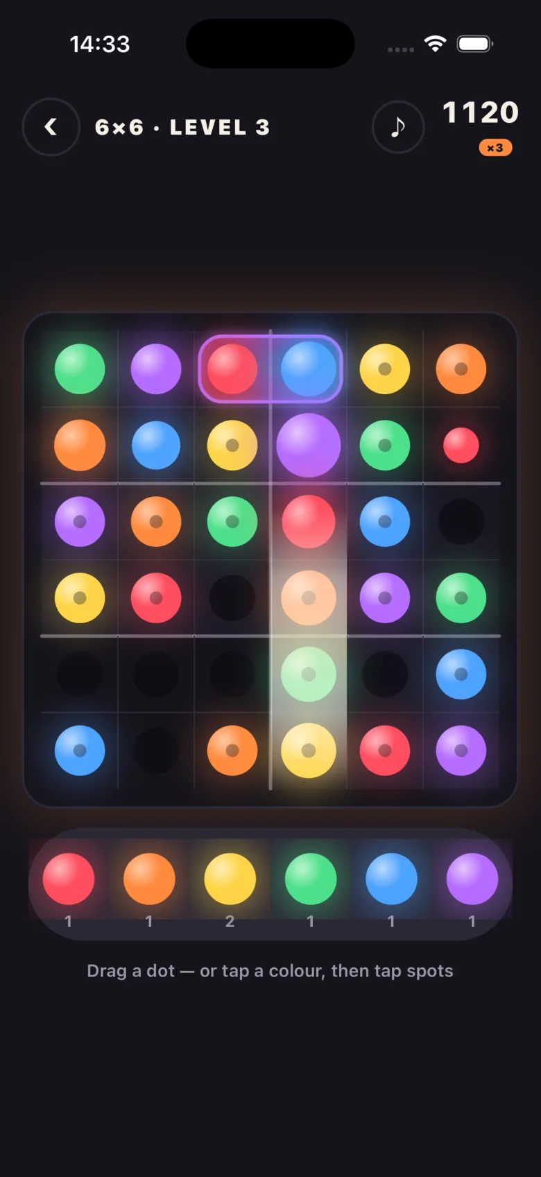 A 6×6 Coloroku board halfway through, with a combo lighting up a column.