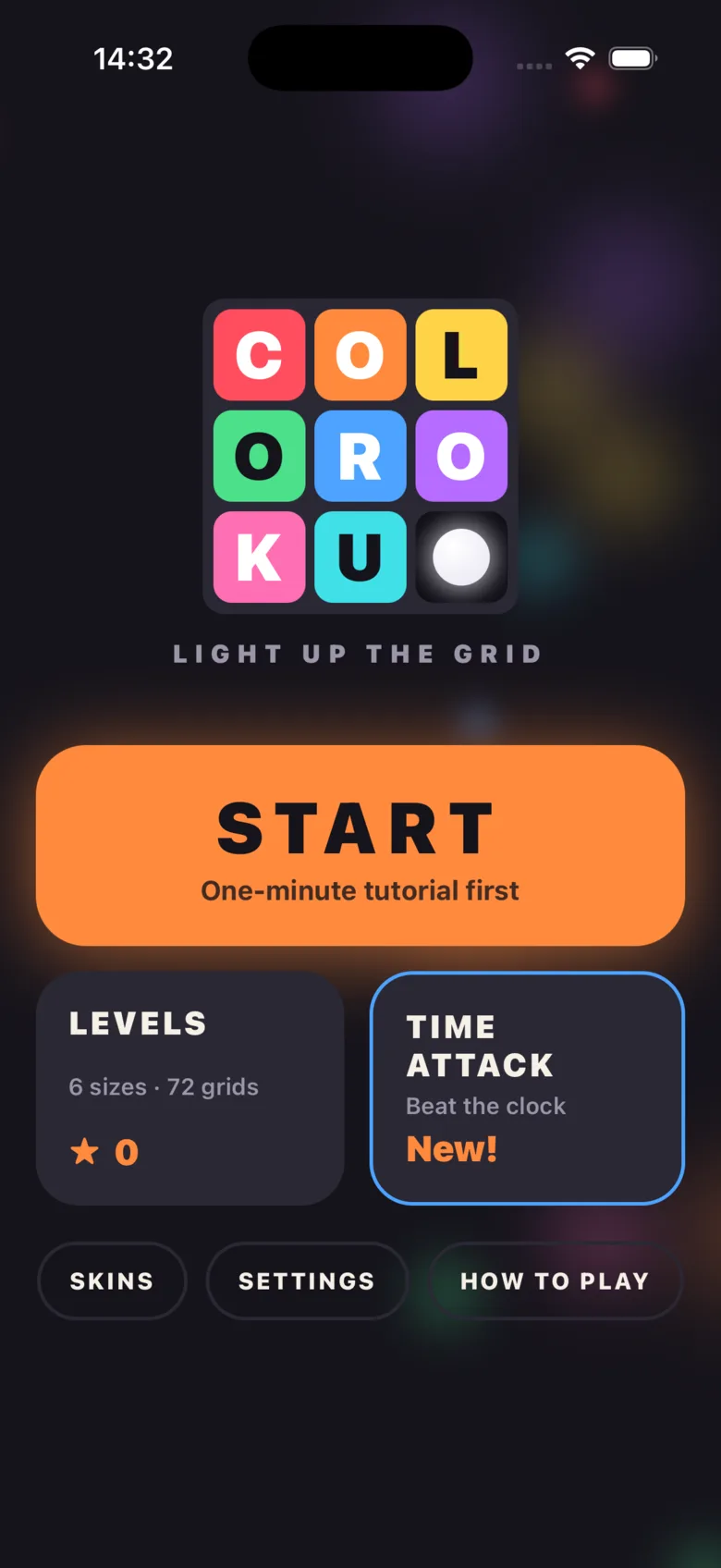 The Coloroku home screen with the logo, the Start button, Levels and Time Attack.