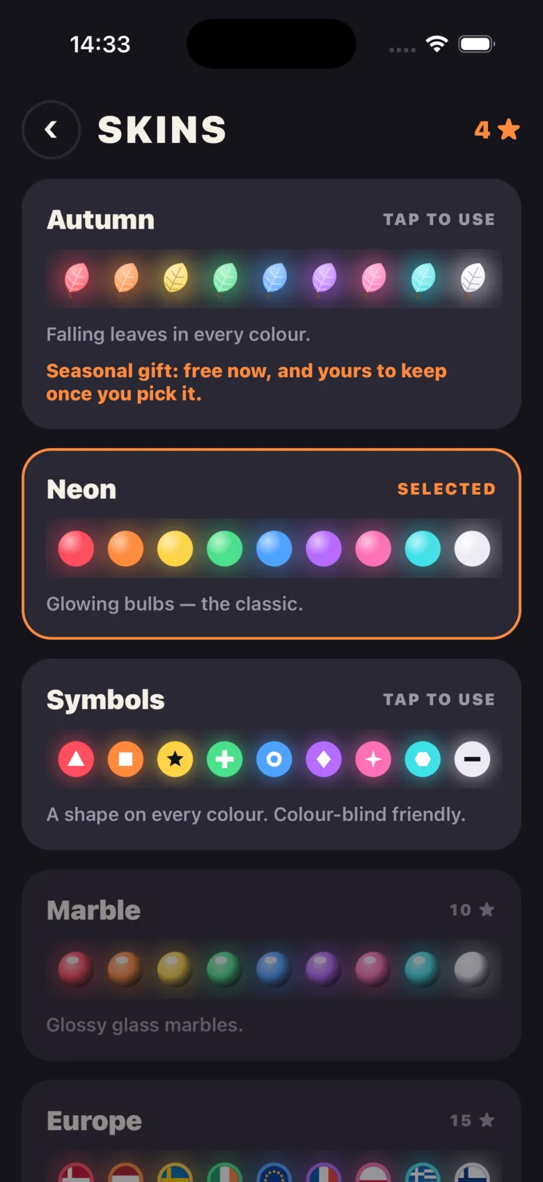 The skins screen with Autumn, Neon and Symbols.
