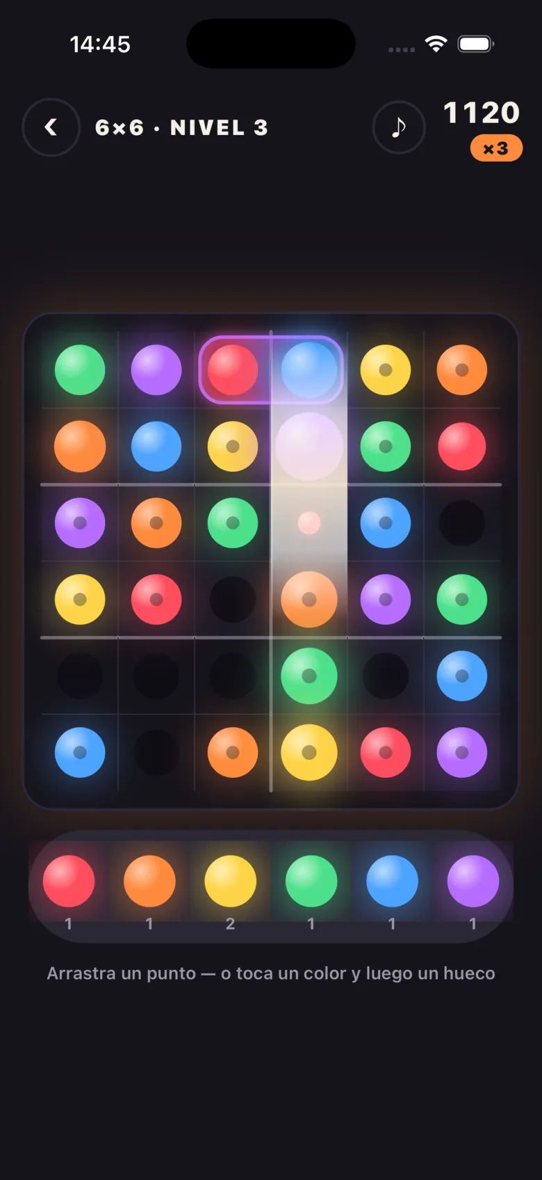 Una cuadrícula 6×6 de Coloroku a medias, con un combo que ilumina una columna.