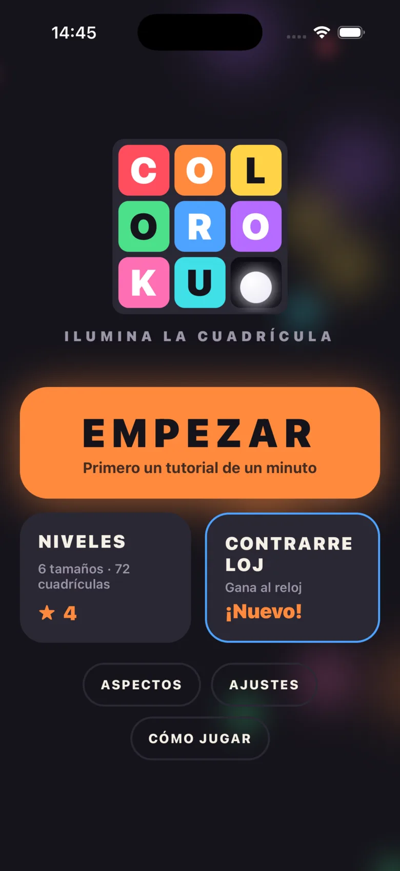 La pantalla de inicio de Coloroku con el logo, el botón Empezar, Niveles y Contrarreloj.
