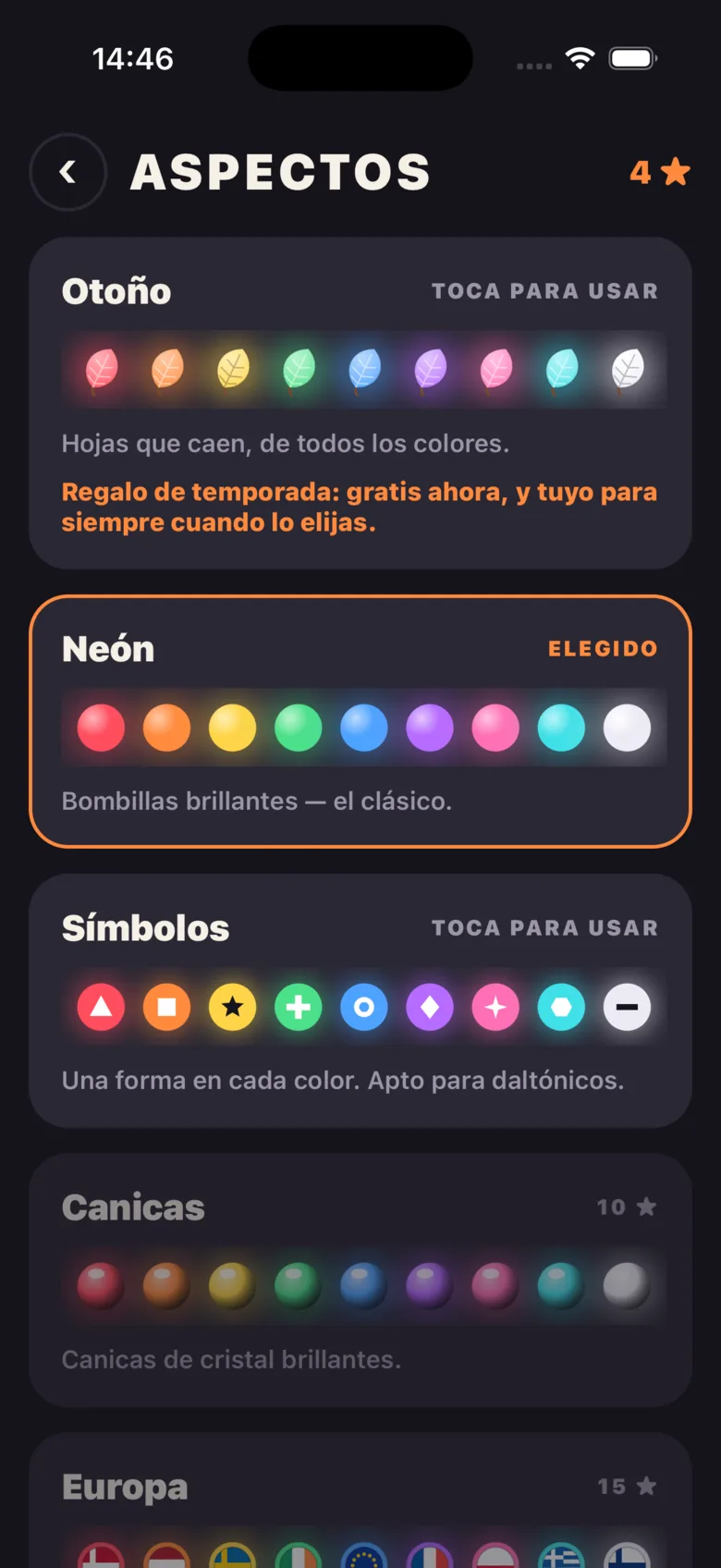La pantalla de aspectos con Otoño, Neón y Símbolos.