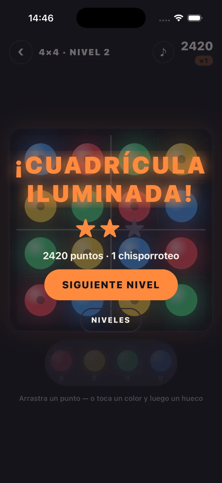 Cuadrícula iluminada: dos estrellas y 2420 puntos.