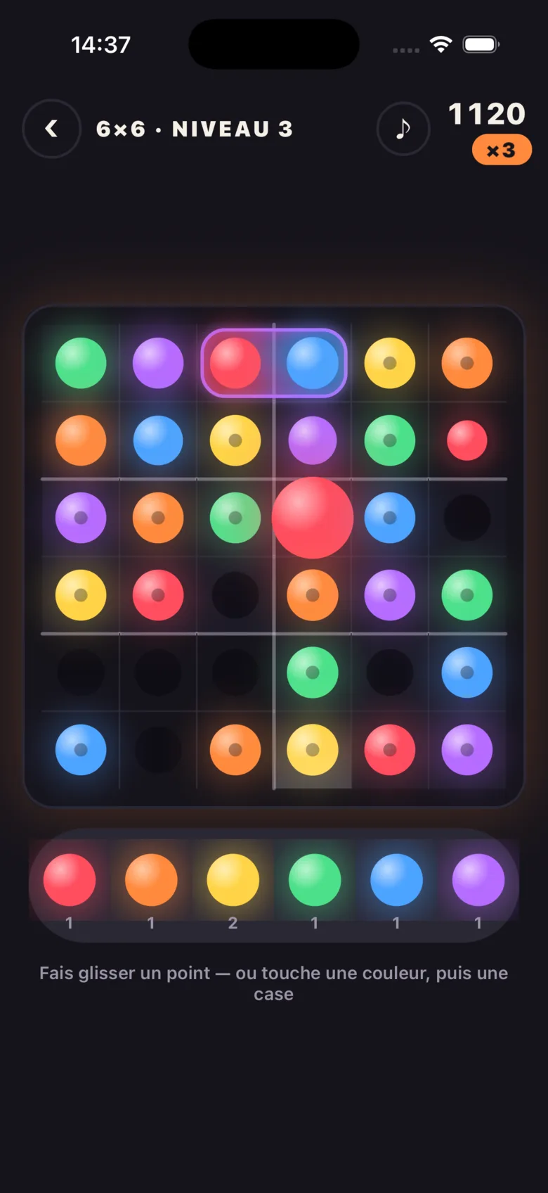 Une grille Coloroku 6×6 à moitié remplie, avec un combo qui illumine une colonne.