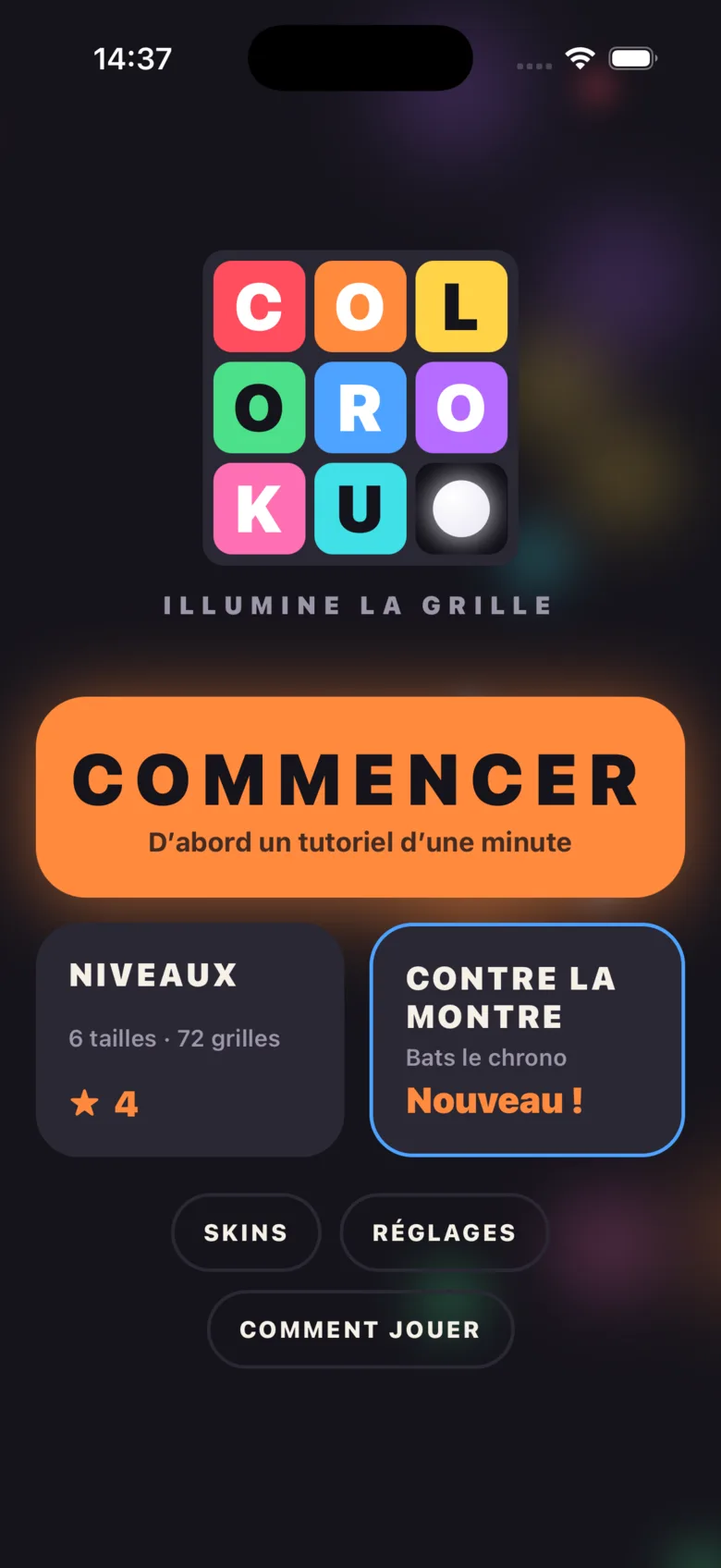 L’écran d’accueil de Coloroku avec le logo, le bouton Commencer, Niveaux et Contre la montre.