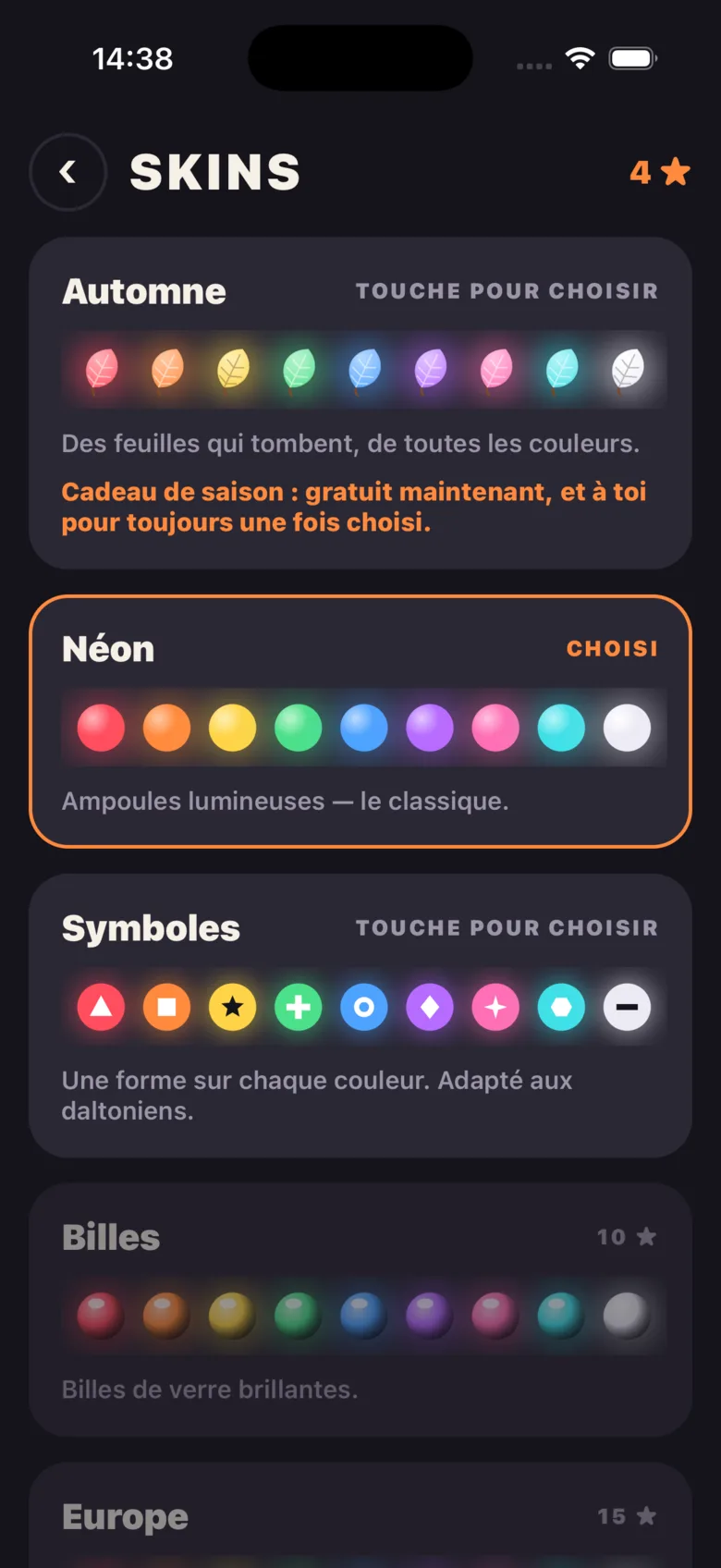 L’écran des skins avec Automne, Néon et Symboles.