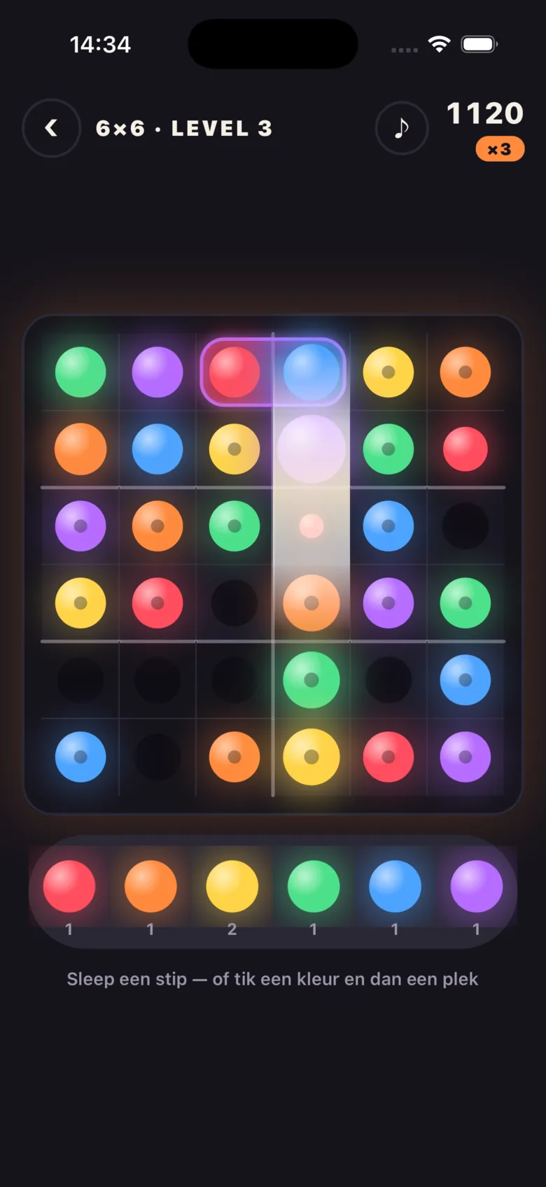 Een half ingevuld 6×6-rooster van Coloroku, met een combo die een kolom laat oplichten.
