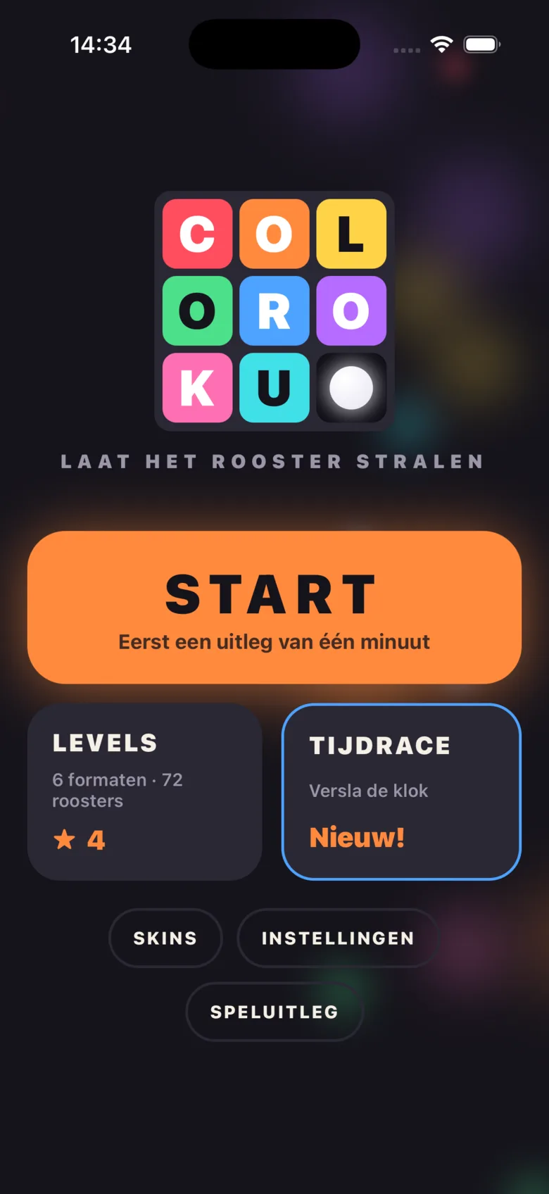 Het startscherm van Coloroku met het logo, de startknop, Levels en Tijdrace.