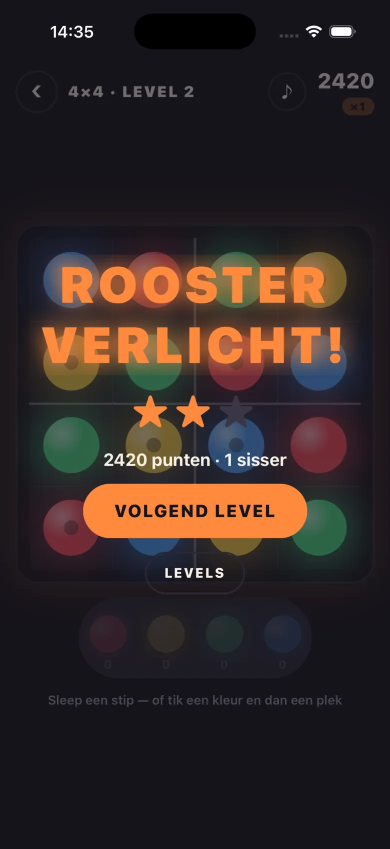 Rooster verlicht: twee sterren en 2420 punten.