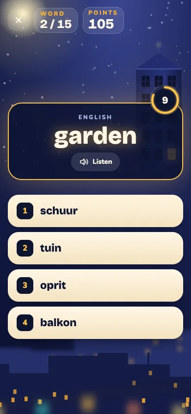 A question on a phone: the English word, a timer and four Dutch answers
