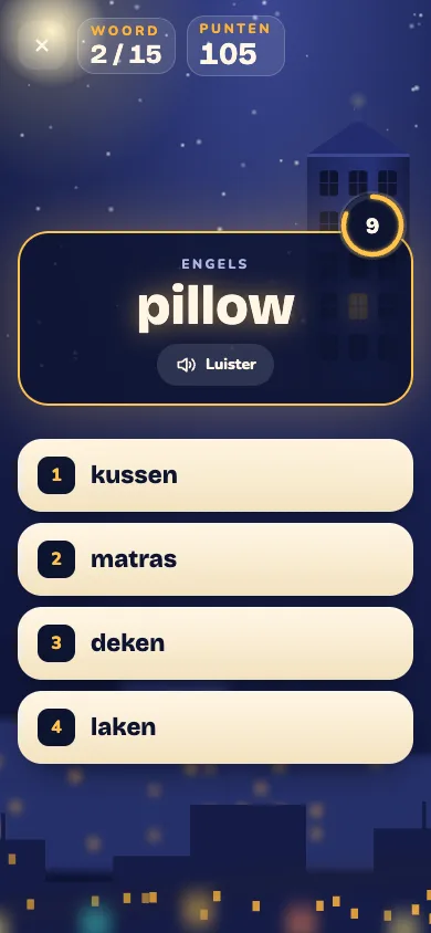 Een vraag op een telefoon: het Engelse woord, een timer en vier Nederlandse antwoorden