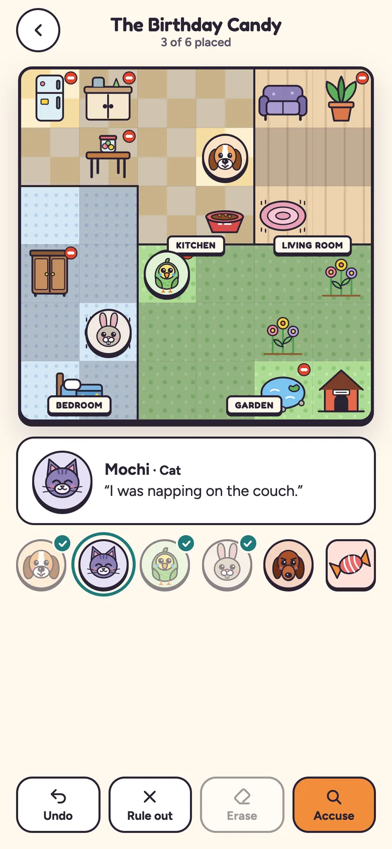 The Petuko house map with pets placed in the kitchen, bedroom and garden.