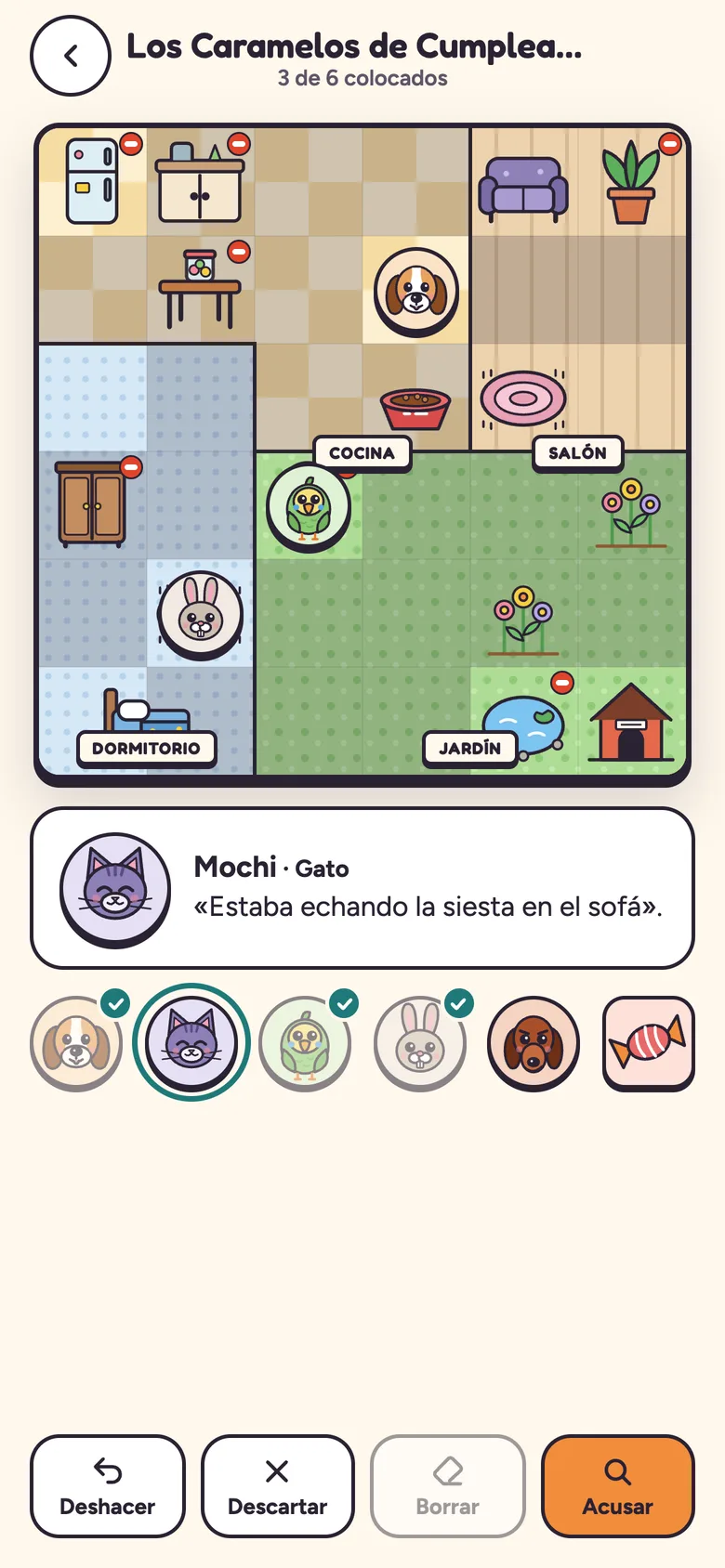 El plano de la casa de Petuko con mascotas en la cocina, el dormitorio y el jardín.