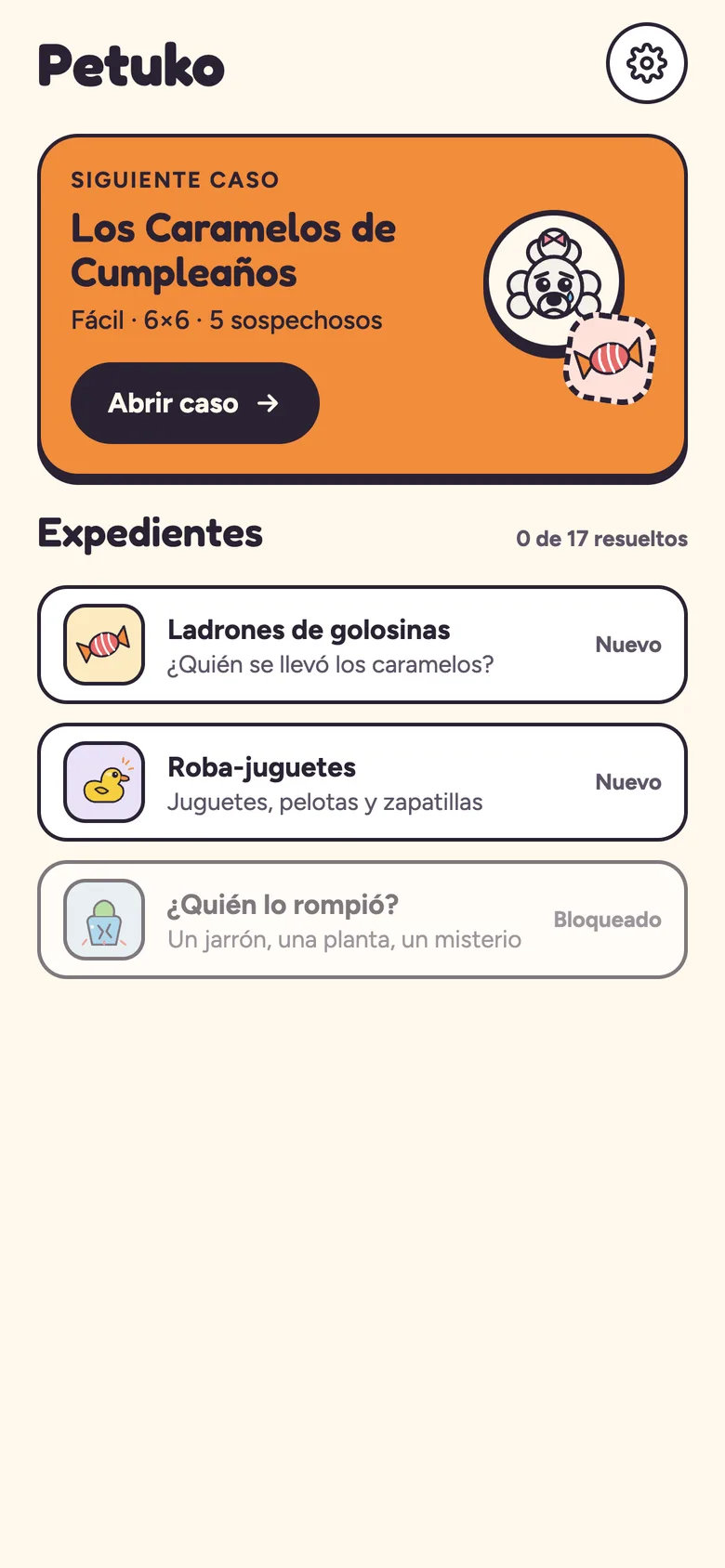 Pantalla de inicio de Petuko con el siguiente caso, Los caramelos de cumpleaños, y tres expedientes.