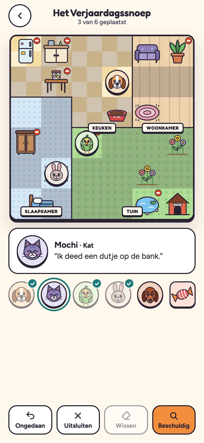 De plattegrond van Petuko met dieren in de keuken, de slaapkamer en de tuin.