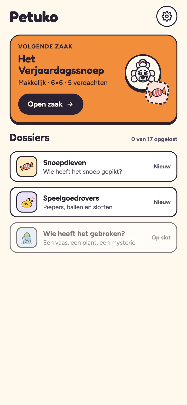 Het startscherm van Petuko met de volgende zaak, Het verjaardagssnoep, en drie dossiers.